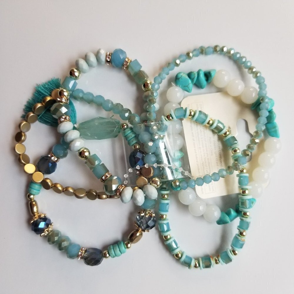 Bracelet Set Turquoise Tassel Charm Set of 6 💙